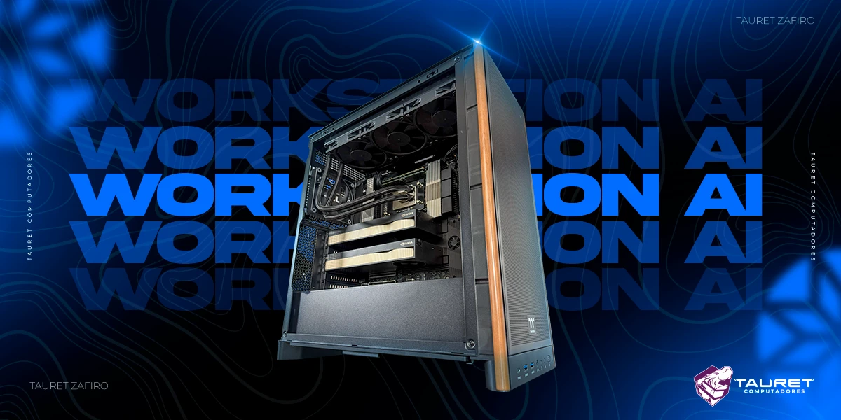 Workstation Tauret Zafiro para inteligencia artificial y cargas profesionales de alto rendimiento, equipada con múltiples tarjetas gráficas NVIDIA y refrigeración líquida.