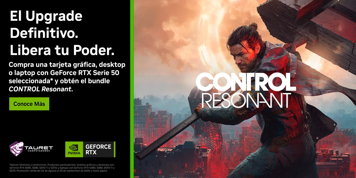 Promoción NVIDIA GeForce RTX Serie 50 con bundle de CONTROL Resonant al comprar tarjetas gráficas, desktops o laptops seleccionados en Tauret Computadores.