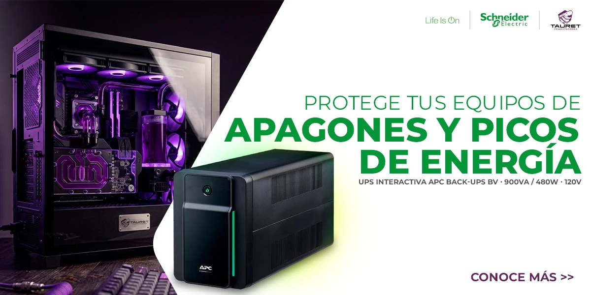 UPS interactiva APC Back-UPS BV de 900VA y 480W para proteger computadores y equipos electrónicos frente a apagones y picos de energía.