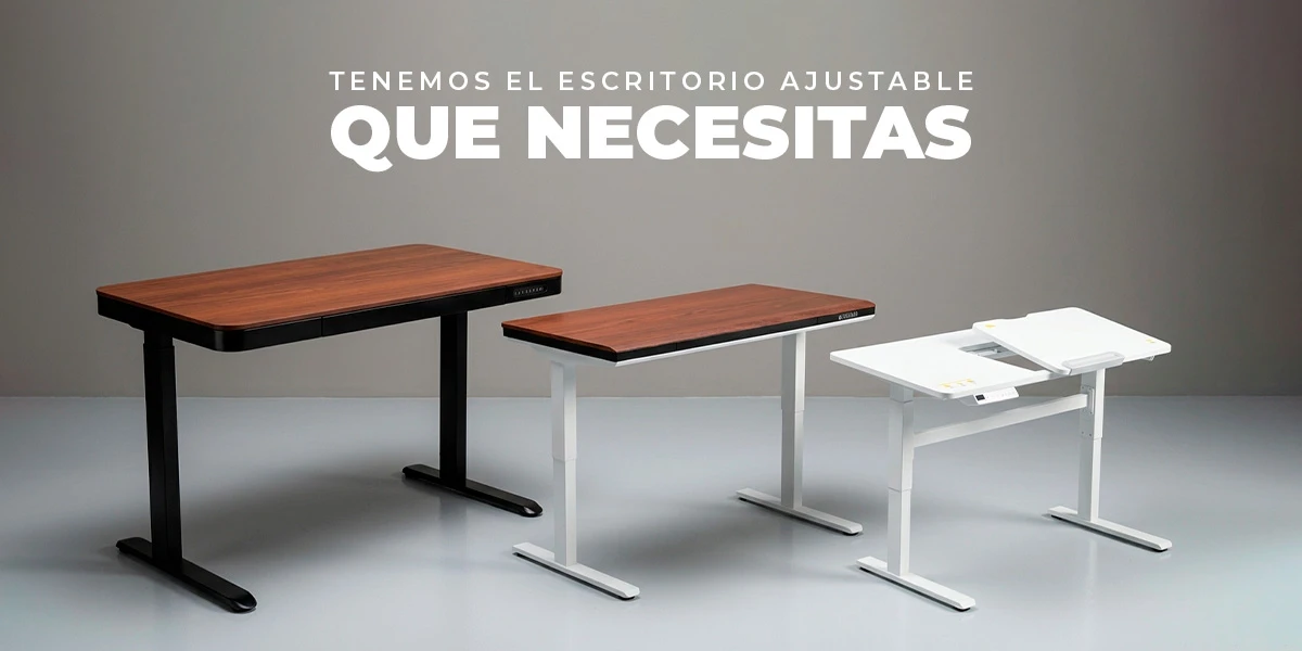 Escritorios elevables ergonómicos (standing desks) en acabado nogal y blanco con estructura metálica. Ajuste de altura eléctrico para oficina y home office, diseñados para mejorar tu postura y productividad.