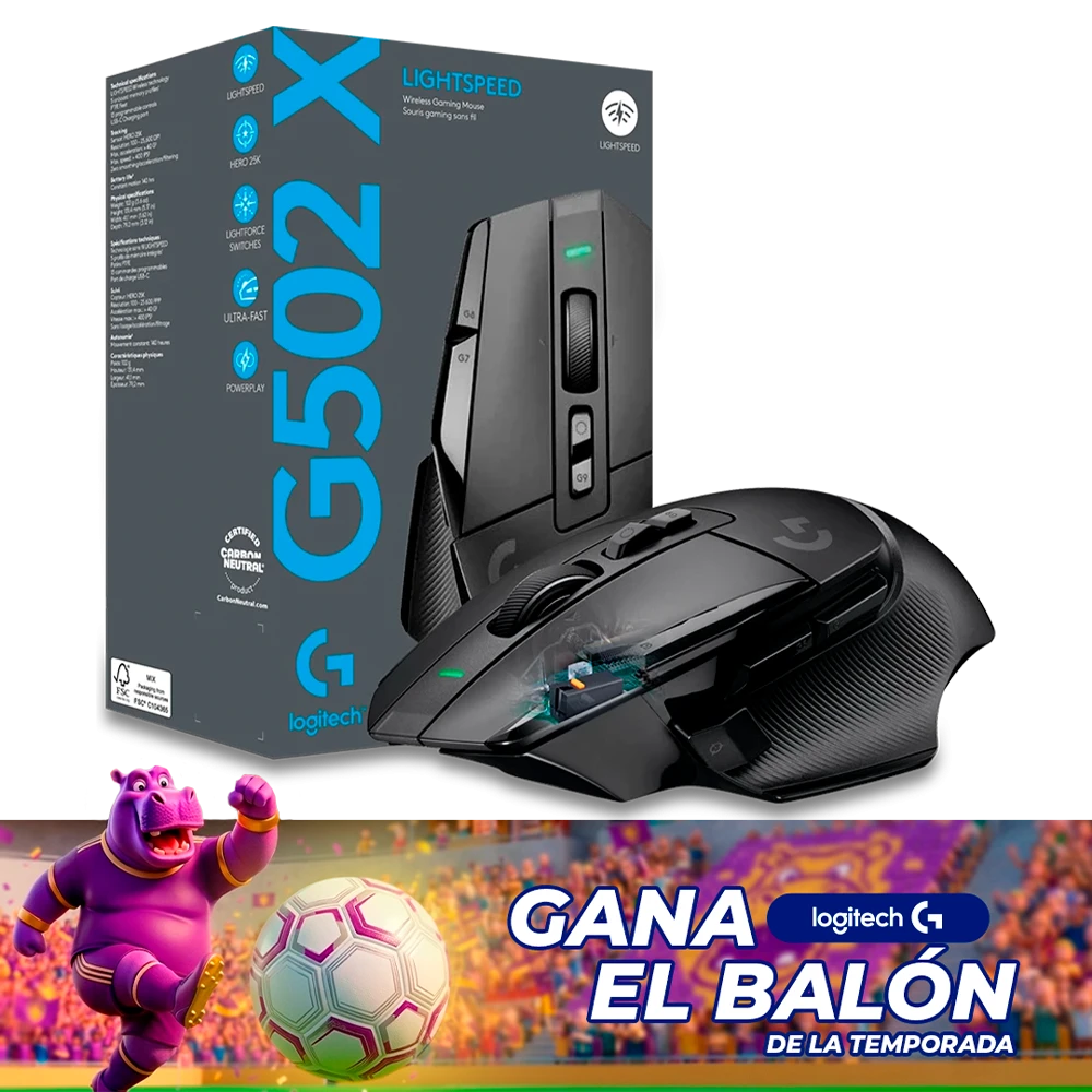 Mouse Gamer Logitech G502 X LIGHTSPEED · LIGHTSPEED 2.4GHz · Sensor HERO 25K · 25.600 DPI · 102g · 13 Botones · Negro
